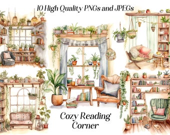 Rincón de lectura en acuarela: Imágenes prediseñadas de interiores acogedores de estilo cottagecore (JPEG, PNG)