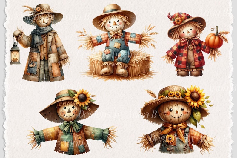 Pu&ograve; includere: Cinque diversi spaventapasseri con vari vestiti e accessori. Gli spaventapasseri sorridono tutti e hanno i capelli di paglia. Uno spaventapasseri tiene una zucca.