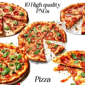 Clipart pizza aquarelle, 10 fichiers PNG de haute qualité, clipart cuisine italienne, plats à emporter, graphiques imprimables