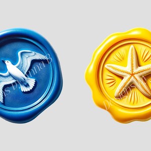 May include: Two wax seals, one blue with a white seagull and the other yellow with a white starfish.