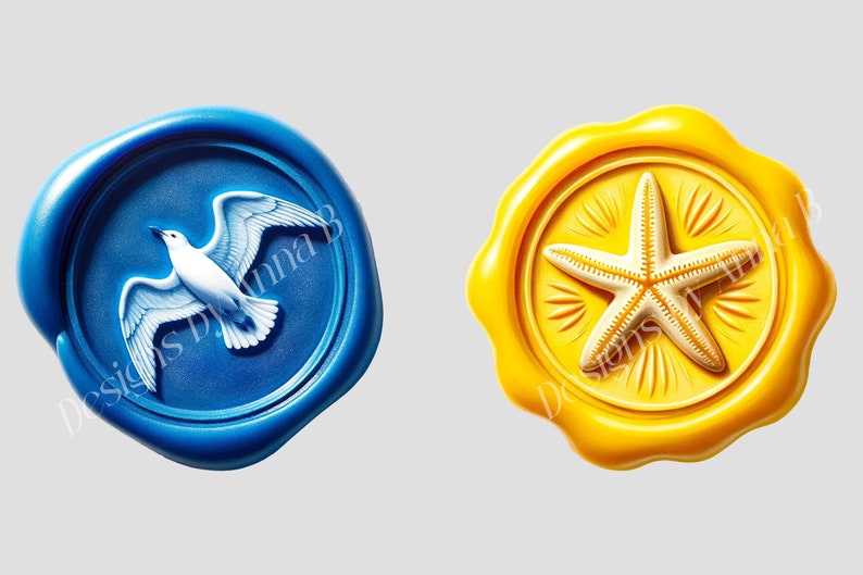 May include: Two wax seals, one blue with a white seagull and the other yellow with a white starfish.
