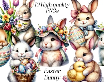 May include: Ten digital illustrations of Easter bunnies in various poses. The bunnies are holding Easter eggs, flowers, and a chick. The illustrations are in a cartoon style and feature bright colors.
