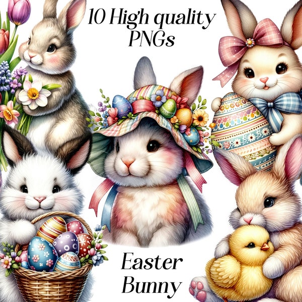 Watercolor Easter Bunny clipart, 10 high quality PNG files, easter clip art, rabbit clipart, cute bunny, animal clipart, illustrations