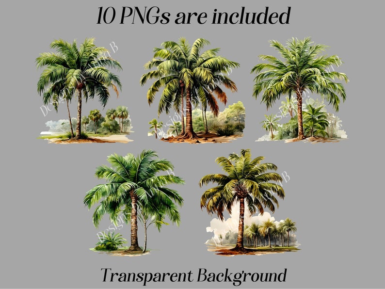 May include: Ten digital images of palm trees with a transparent background. The images are in a watercolor style and feature lush green foliage.