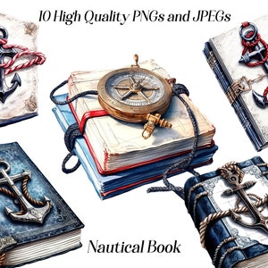 Clipart di libri nautici ad acquerello, 10 file JPEG e PNG di alta qualità, clip art nautiche, illustrazione di libri, grafica stampabile