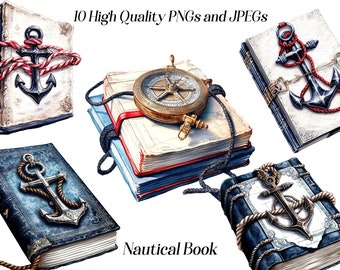 May include: Five vintage nautical themed books with different covers. Each book is tied with rope and features an anchor, compass, or nautical knot. The text on the bottom of the image reads "Nautical Book".