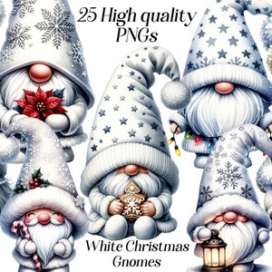 Clipart Acquerello Natale Bianco Gnomi, 25 clipart di alta qualità, grafica natalizia, clipart festiva, vacanze invernali, Natale d'argento