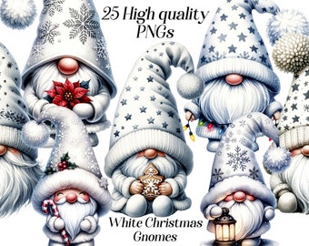 Watercolor White Christmas Gnomes clipart, 25 high quality clipart, christmas graphics, festive clipart, winter holidays, silver christmas