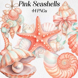 Puede incluir: Ilustración en acuarela de conchas marinas rosas, una estrella de mar y una perla en una concha. La imagen incluye el texto "Pink Seashells 44 PNGs". Las conchas marinas son de varias formas y tamaños, con una paleta de colores pastel.