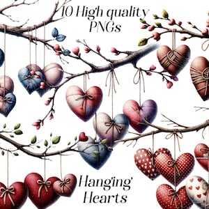 Clipart coeurs suspendus, clipart coeurs aquarelle, branche avec png de coeurs, amour, décoration de la Saint-Valentin, coeurs en tissu, graphiques numériques