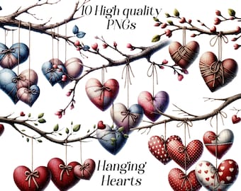 Watercolor Hanging Hearts Clipart: Valentine's Day PNG Graphics (Digital Download)