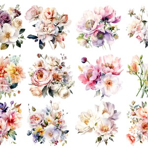 Puede incluir: Una colecci&oacute;n de doce ramos de flores de acuarela con diferentes flores en tonos de rosa, morado, blanco, amarillo y naranja. Los ramos est&aacute;n dispuestos en una cuadr&iacute;cula sobre un fondo blanco.