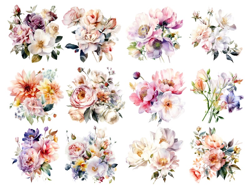 Puede incluir: Una colecci&oacute;n de doce ramos de flores de acuarela con diferentes flores en tonos de rosa, morado, blanco, amarillo y naranja. Los ramos est&aacute;n dispuestos en una cuadr&iacute;cula sobre un fondo blanco.