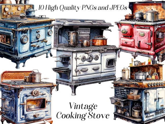 Watercolor Vintage Stove Clipart: Cottagecore Kitchen Graphics (JPEG, PNG)