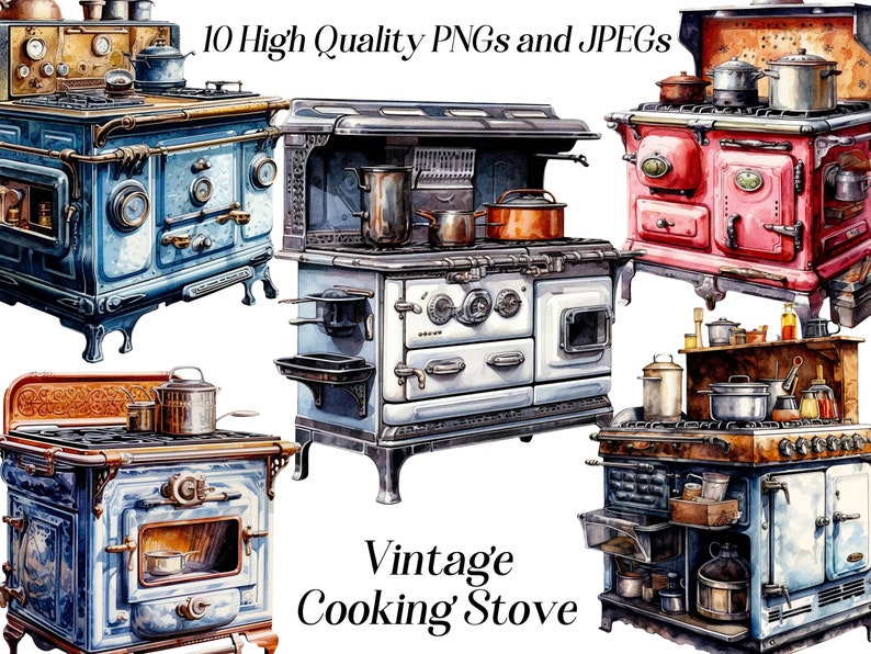 Puede incluir: Cinco estufas de cocina vintage de hierro fundido en varios colores, incluyendo azul, blanco y rosa. Cada estufa tiene un dise&ntilde;o y caracter&iacute;sticas diferentes, como un horno de calentamiento, una puerta de hierro fundido y un ribete decorativo. Las estufas est&aacute;n en buen estado y ser&iacute;an una gran adici&oacute;n a cualquier cocina.