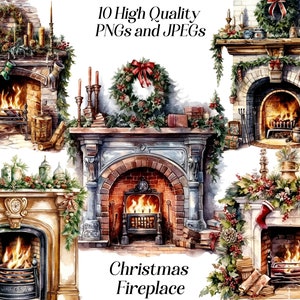 Watercolor Christmas Fireplace clipart, 10 high quality JPEG and PNG files, Christmas decoration clip art, card making, scrapbooking