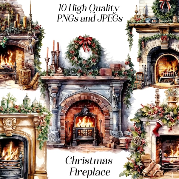 Watercolor Christmas Fireplace clipart, 10 high quality JPEG and PNG files, Christmas decoration clip art, card making, scrapbooking