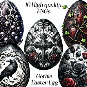 Imágenes prediseñadas de huevos de Pascua góticos de acuarela, 10 archivos PNG de alta calidad, imágenes prediseñadas góticas, gráficos de Pascua, ilustración de huevos, huevos negros, imprimibles
