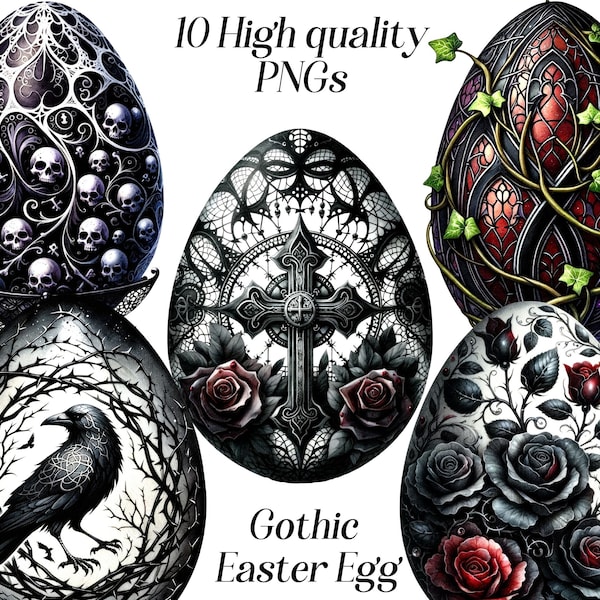 Watercolor Gothic Easter Egg clipart, 10 high quality PNG files, goth clip art, easter graphics, egg illustration, black eggs, printables