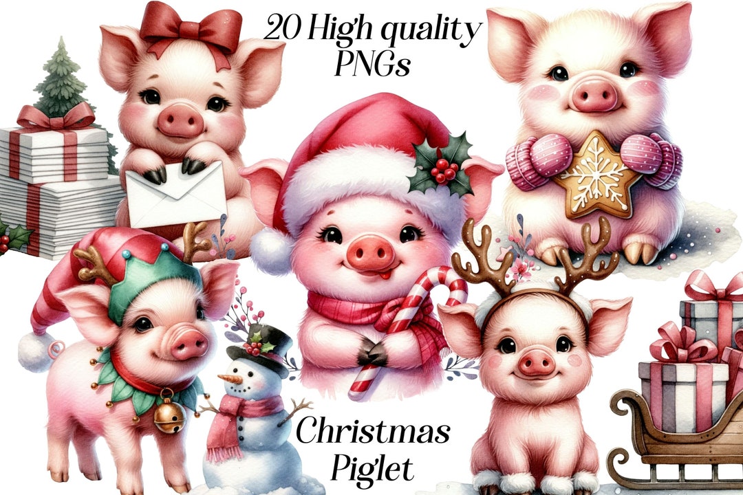Watercolor Christmas Piglet Clipart, 20 High Quality PNG Files, Xmas ...