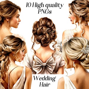 Clipart de cabello de boda, peinado de novia, novia, boda, peinado, decoración de boda, cabello elegante, ilustración, acuarela, descarga digital