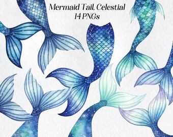 Mermaid Tails Clipart PNG Bundle: Celestial Galaxy Ocean Art (Digital Download)