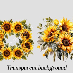 May include: Two arrangements of sunflowers. The first is a wreath of sunflowers with green leaves. The second is a bouquet of sunflowers with green leaves and small yellow flowers.