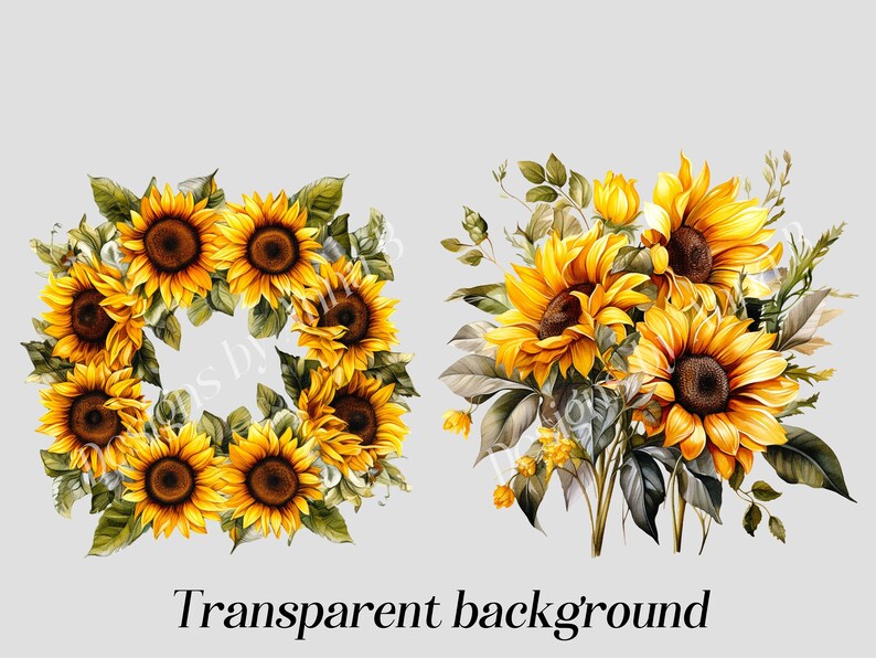 May include: Two arrangements of sunflowers. The first is a wreath of sunflowers with green leaves. The second is a bouquet of sunflowers with green leaves and small yellow flowers.