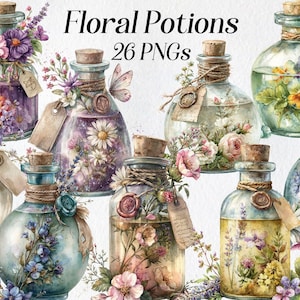 May include: Watercolor illustration of several glass potion bottles filled with colorful flowers. Each bottle has a cork stopper and a tag. The text "Floral Potions 26 PNGs" is at the top.
