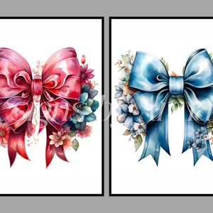 May include: Two watercolor illustrations of bows with floral accents. The first bow is red and the second bow is blue.