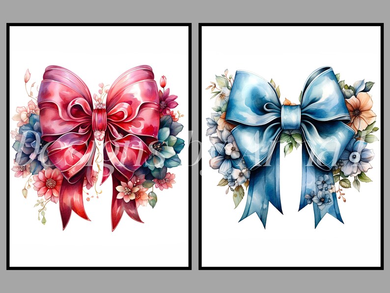 May include: Two watercolor illustrations of bows with floral accents. The first bow is red and the second bow is blue.