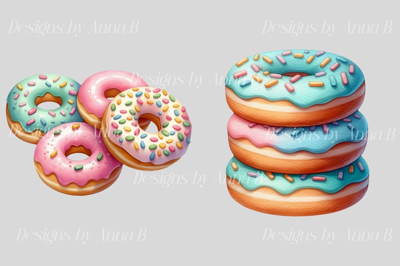 Puede incluir: Una pila de cuatro donuts con chispas y glaseado de colores. El donut de arriba es azul, el segundo es rosa, el tercero es azul y el de abajo es de color marr&oacute;n claro. Tambi&eacute;n hay cuatro donuts en la imagen, dos rosas, uno azul y uno blanco con chispas de colores.