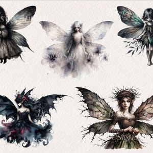 May include: Watercolor illustrations of fairies with detailed wings and flowing dresses. The fairies are depicted in various poses and colors, including black, white, and green. The artwork has a fantasy theme.