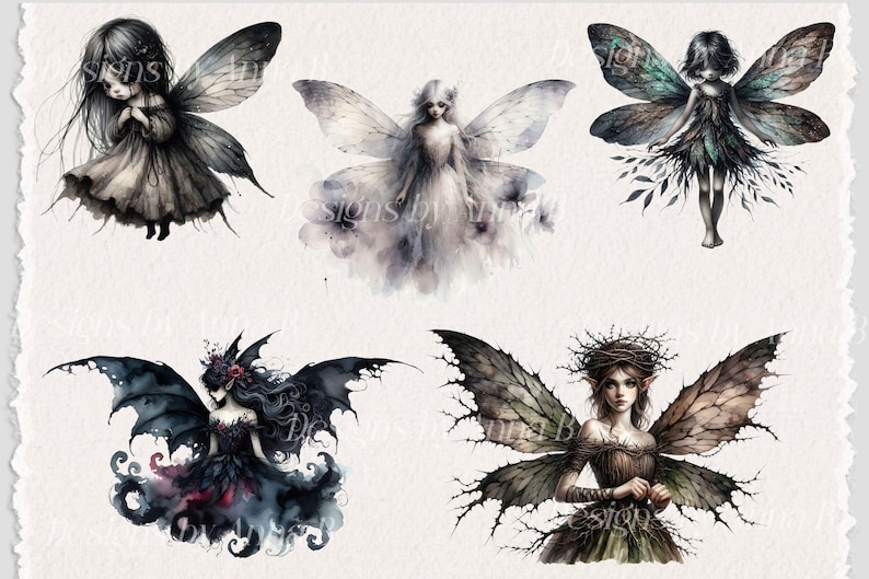 May include: Watercolor illustrations of fairies with detailed wings and flowing dresses. The fairies are depicted in various poses and colors, including black, white, and green. The artwork has a fantasy theme.