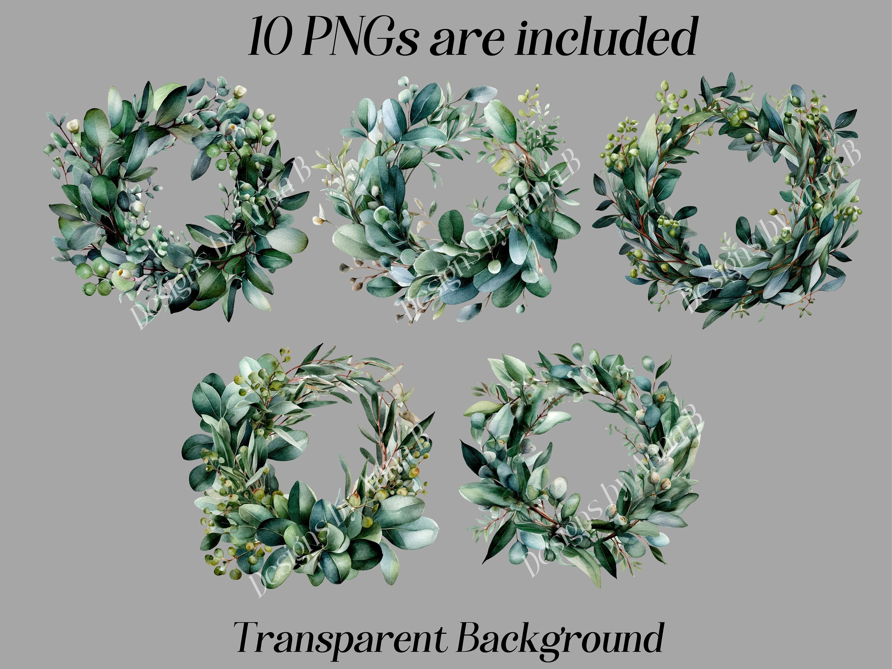 Eucalyptus Wreath Clipart: Watercolor Greenery Graphics (JPEG & PNG ...