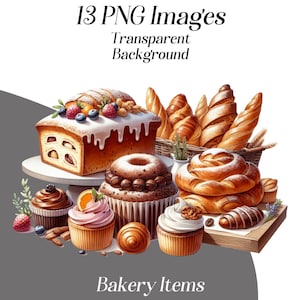 Bakkerijclipart, 13 png-bestanden, gebak, brood, bakkerijproducten, voedselillustratie, commercieel gebruik, gebak, bakkerijcafé, afdrukbare afbeeldingen