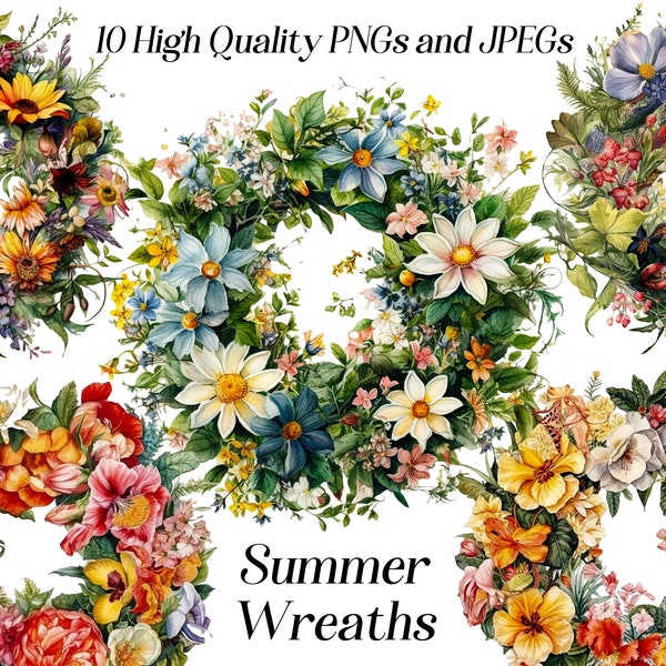 Watercolor summer wreath clipart, 10 high quality JPEG and PNG files, Floral wreaths, botanical clip art, flower wreath illustration