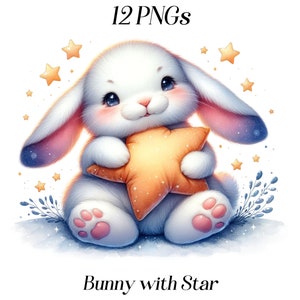 Aquarel konijntje met ster clipart, 12 png-bestanden, schattig konijntje, kunst aan de muur kinderkamer, slaperig konijntje, konijn, haas, schattige dieren, illustraties