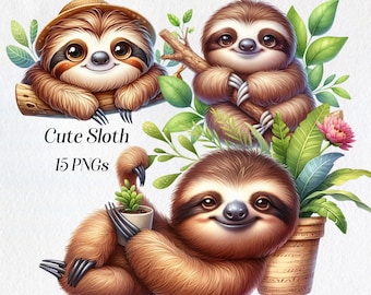 Watercolor Sloth Clipart, Animal PNG Graphics (Digital Download)