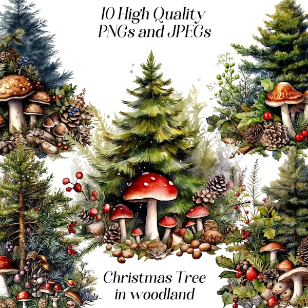 Watercolor christmas tree clipart, 10 high quality JPEG and PNG files, woodland, mushrooms, greenery clipart, card making, scrapbooking