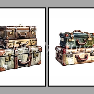 May include: A stack of three vintage suitcases with leather straps and brass hardware. The top suitcase is brown, the middle suitcase is beige, and the bottom suitcase is green and beige.
