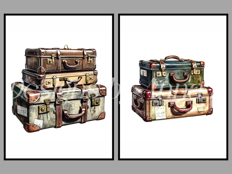 May include: A stack of three vintage suitcases with leather straps and brass hardware. The top suitcase is brown, the middle suitcase is beige, and the bottom suitcase is green and beige.