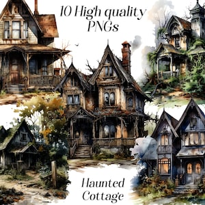 Imágenes prediseñadas de acuarela Haunted Cottage, 10 archivos PNG de alta calidad, imágenes prediseñadas de Halloween, casa espeluznante, cabaña abandonada, imprimibles