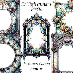 May include: Ten high quality stained glass frames in PNG format. The frames are ornate and feature a variety of colors, including blue, green, red, and gold. The frames are perfect for adding a touch of elegance to any project.