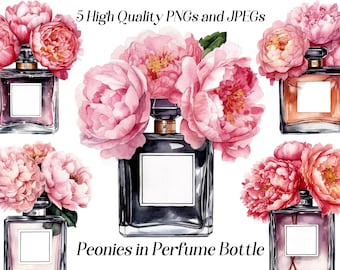 Watercolor perfume clipart, 5 high quality JPEGs, perfume bottle clipart, fashion clipart, beauty clipart, perfume with flowers, printables