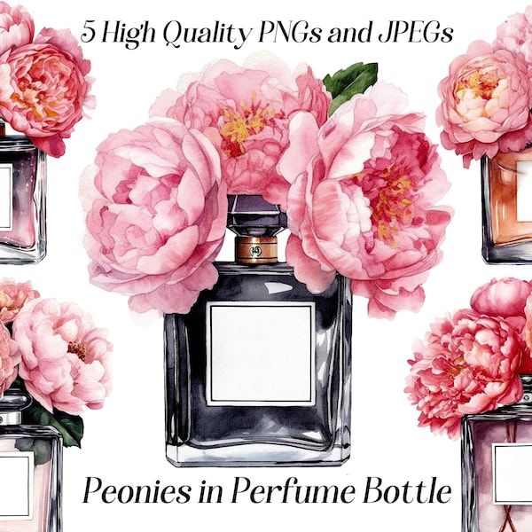 Imágenes prediseñadas de perfume de acuarela, 5 JPEG de alta calidad, imágenes prediseñadas de botella de perfume, imágenes prediseñadas de moda, imágenes prediseñadas de belleza, perfume con flores, imprimibles