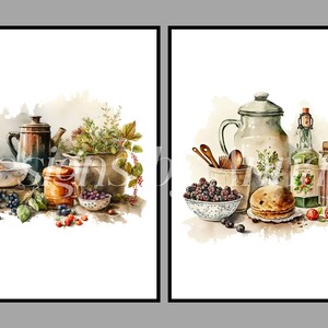 Puede incluir: Dos acuarelas de bodegones con utensilios de cocina y fruta. La primera pintura presenta una tetera marr&oacute;n, un taz&oacute;n blanco, un tarro marr&oacute;n y un taz&oacute;n de ar&aacute;ndanos. La segunda pintura presenta una jarra blanca, un taz&oacute;n de ar&aacute;ndanos, una botella de vino, un tarro de mermelada y una pila de panqueques.