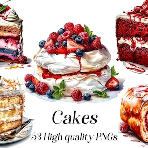Clipart z ciasta, clipart z ciasta akwarelowego, png, deser, tort urodzinowy, piekarnia, pieczenie, czekolada, kawałek ciasta, ilustracja cyfrowa, do druku