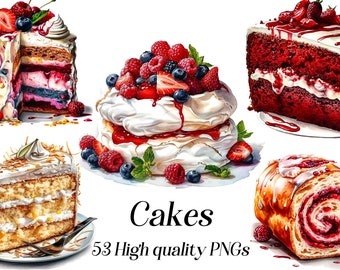 Pastel de acuarela: 53 ilustraciones PNG de postres (descarga digital)