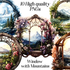 Aquarel venster met bergen clipart, 10 hoge kwaliteit png-bestanden, natuur clipart, landschap clipart, afdrukbare afbeeldingen